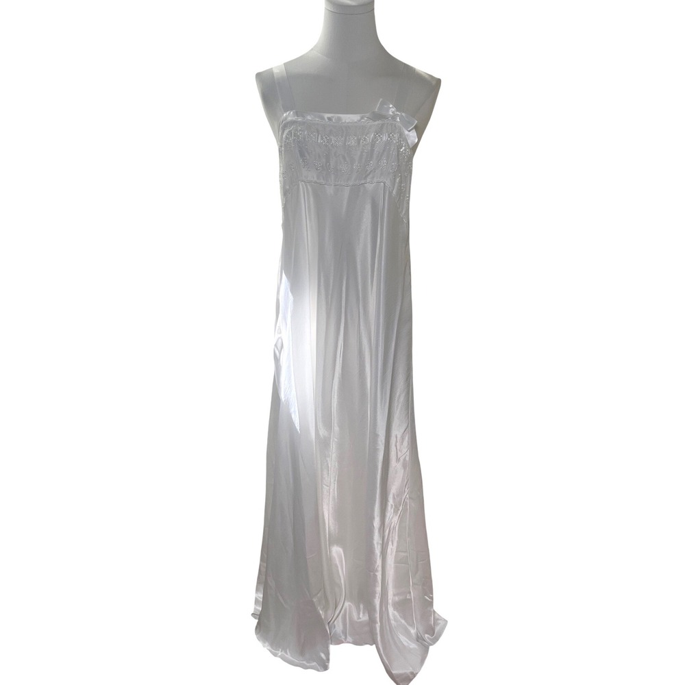 Vintage Miss Dior Satin Nightgown White Embroidered ILGWU USA Size L